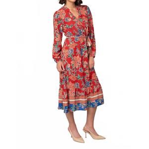 NEW PINE APPAREL floral print balloon sleeve dress in red/blue